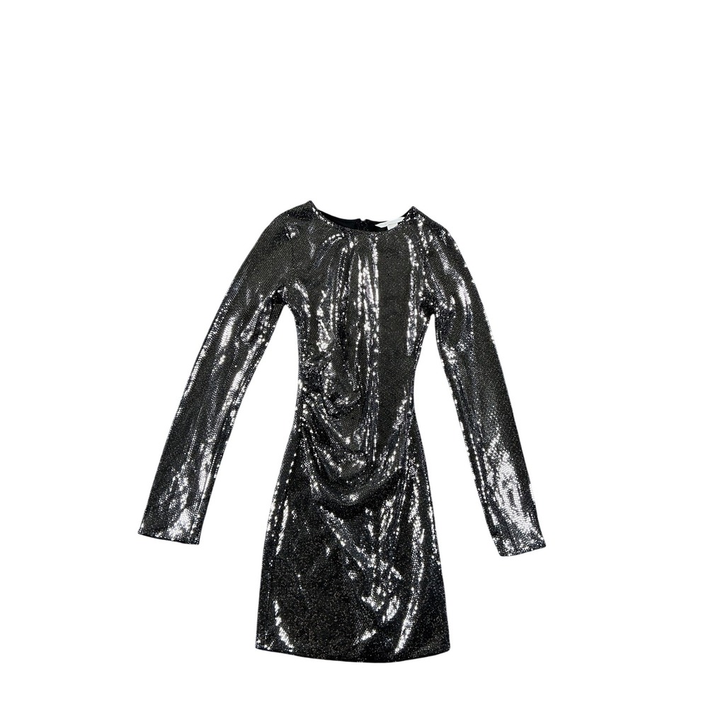 H&M Conscious Silver Black Sequined Ruched Mini Dress Long Sleeve XS New
